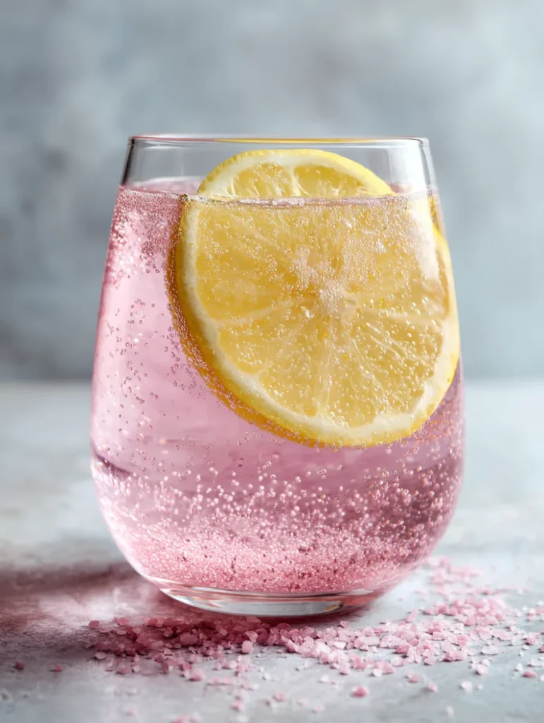Pink Salt Weight Loss: Truth, Recipe, Reviews & Side Effects Glass of pink salt water showing lemon slice and pink salt crystals