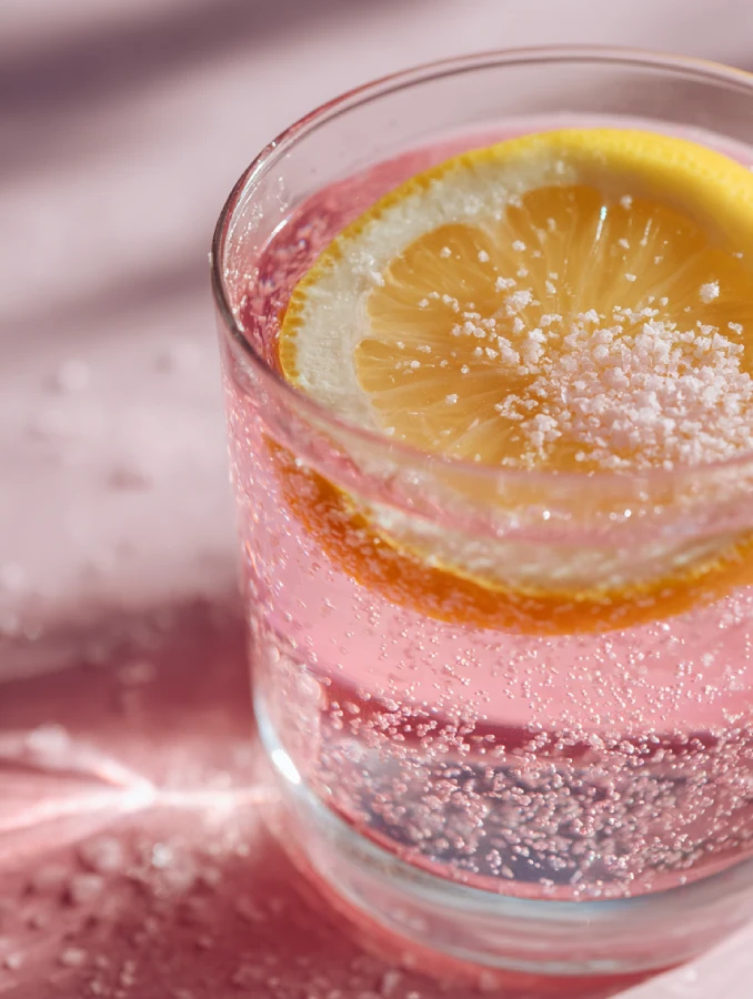 Pink Salt Recipe For Weight Loss Clear glass of pink salt water with floating lemon