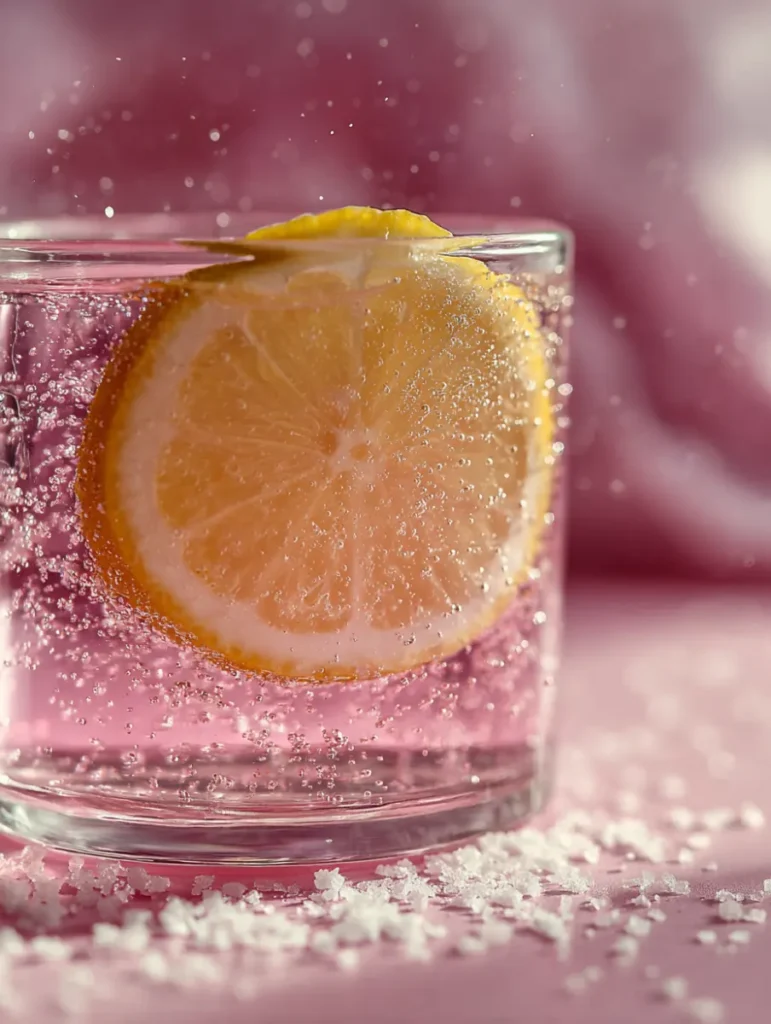 Close-up of detox drink with lemon and pink salt sediment
