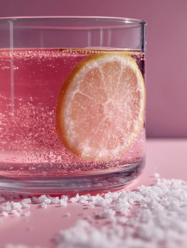 Health drink with lemon and pink salt powder scattered around