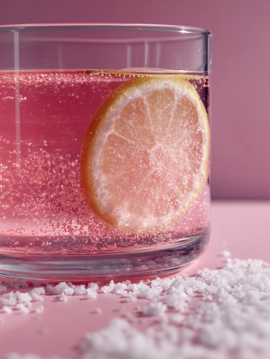 Health drink with lemon and pink salt powder scattered around