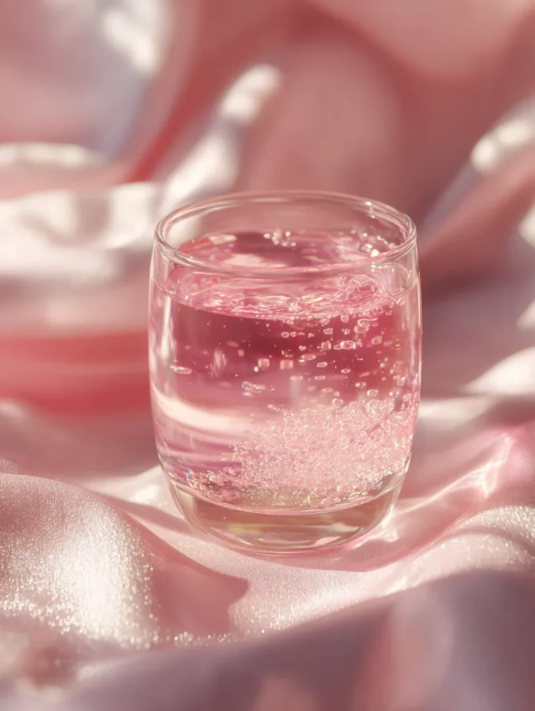 Sparkling pink salt water with ice cubes in clear glass