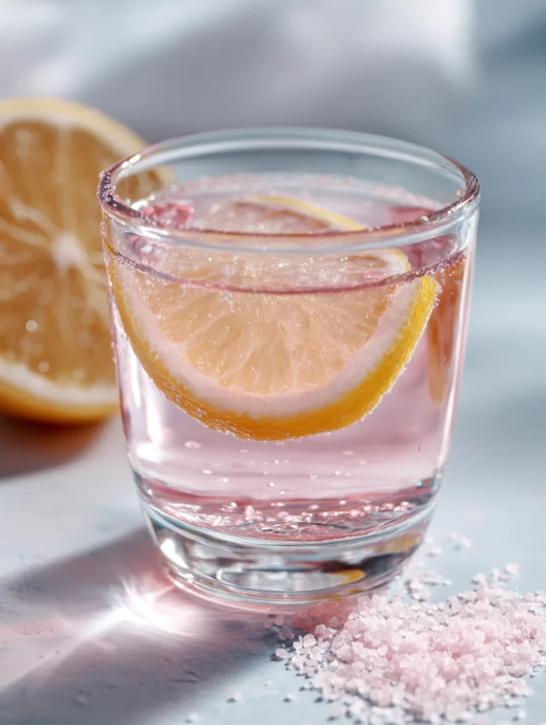 Fizzy pink salt drink for detox with citrus garnish