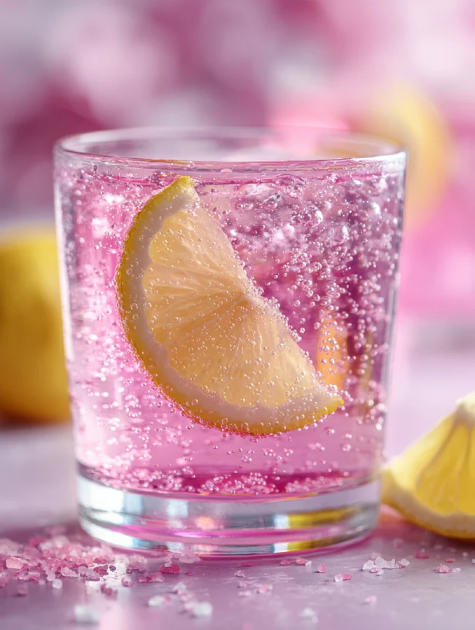 Pink Salt Diet Recipe Sparkling pink salt drink with a fresh lemon wheel