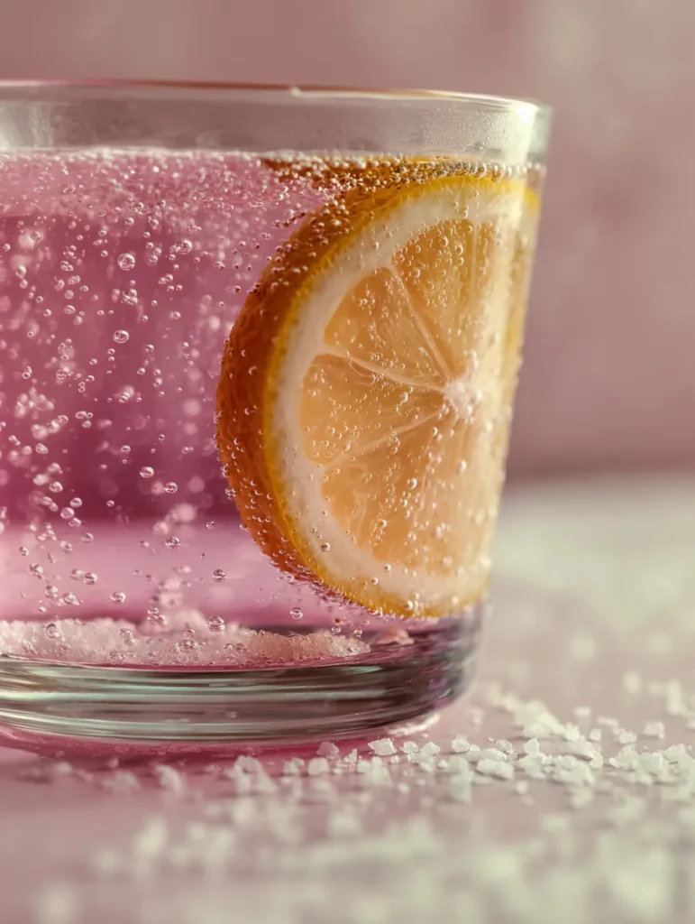 Is the Pink Salt Trick a Scam? Real Truth + Recipe Revealed Glass of lemon pink salt water on bright blue background