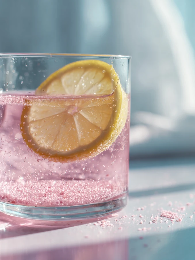 Pink Salt Weight Loss Recipe Glass of pink salt water with lemon slice