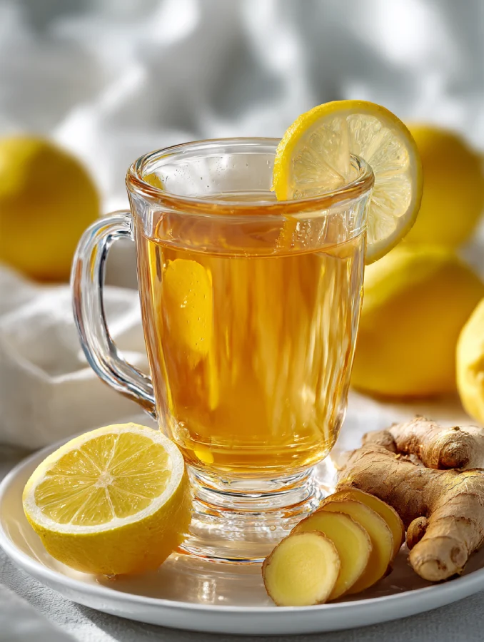 Fresh ginger and lemon tea with honey swirl for detox
