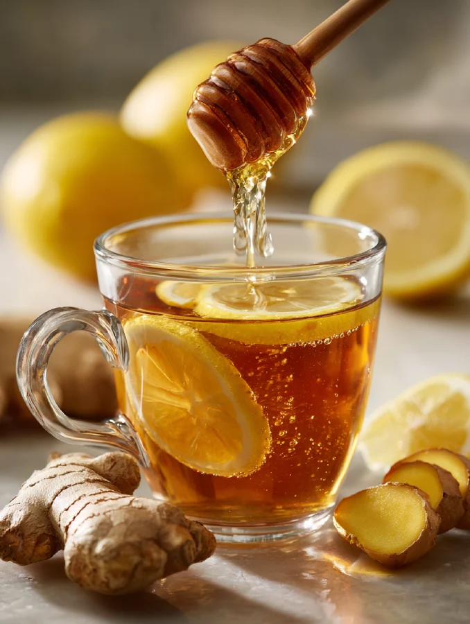 Natural Mounjaro Drink Recipe For Weight Loss (2025) Cup of warming ginger tea with honey and lemon wedges
