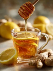 Warm tea with lemon, raw honey, and sliced ginger