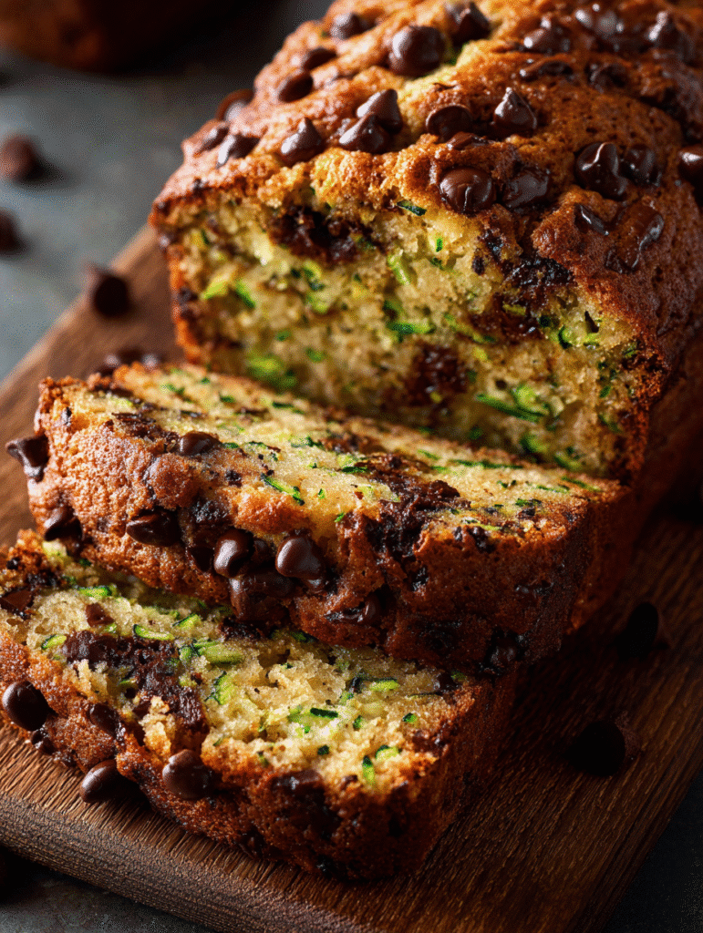 Zucchini bread recipe with chocolate chips sliced on wooden board