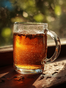 Costa Rican tea recipe in glass mug with herbs and sunlight