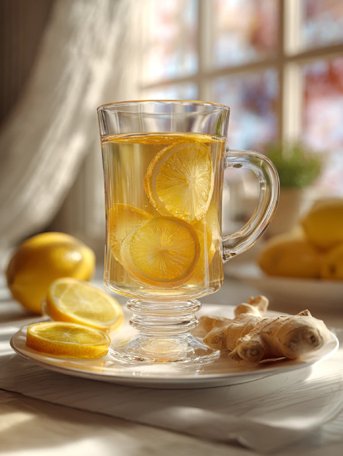 Warm detox drink with lemon, honey, and ginger root
