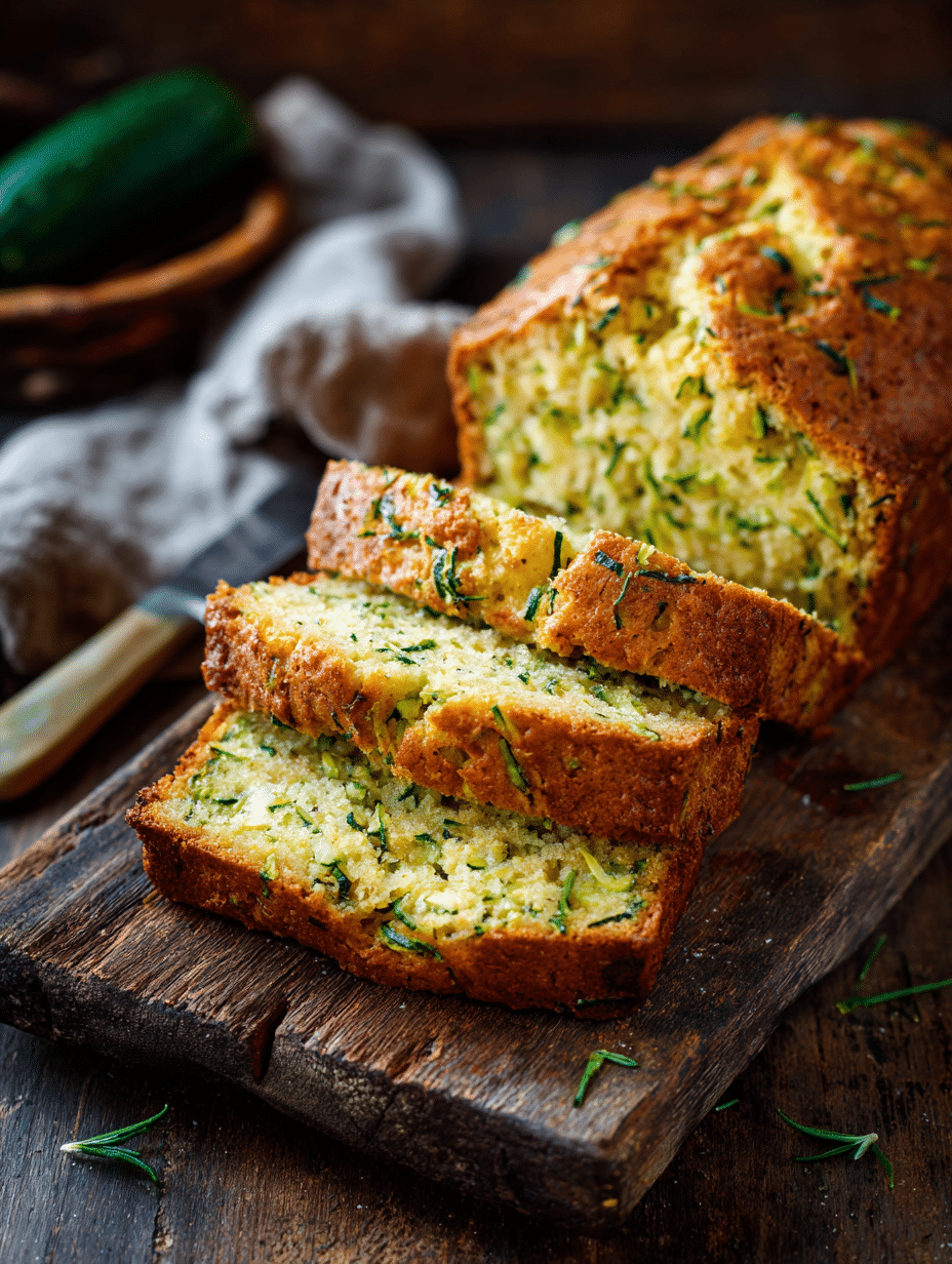 Freshly baked zucchini bread on rustic wooden board