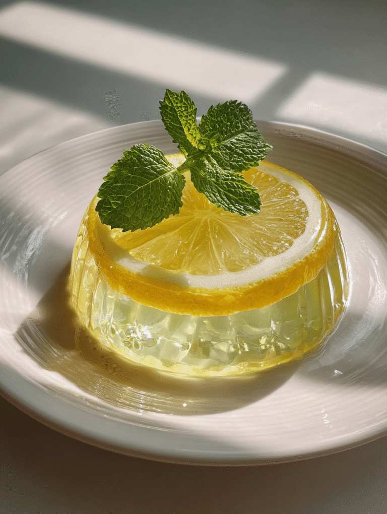 gelatin trick recipe served in glass bowl with lemon and mint