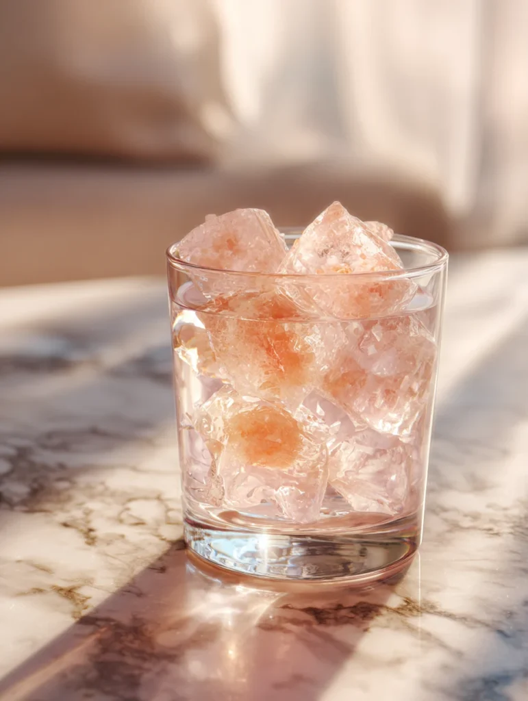 Japanese Pink Salt and Ice Recipe Elegant glass of ice cubes infused with Japanese pink salt