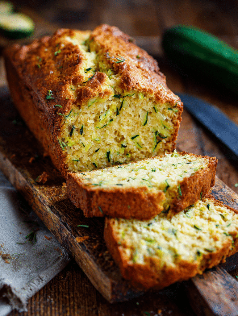 Moist homemade zucchini bread recipe loaf with golden crust, sliced on a rustic wooden cutting board, showcasing fresh shredded zucchini.