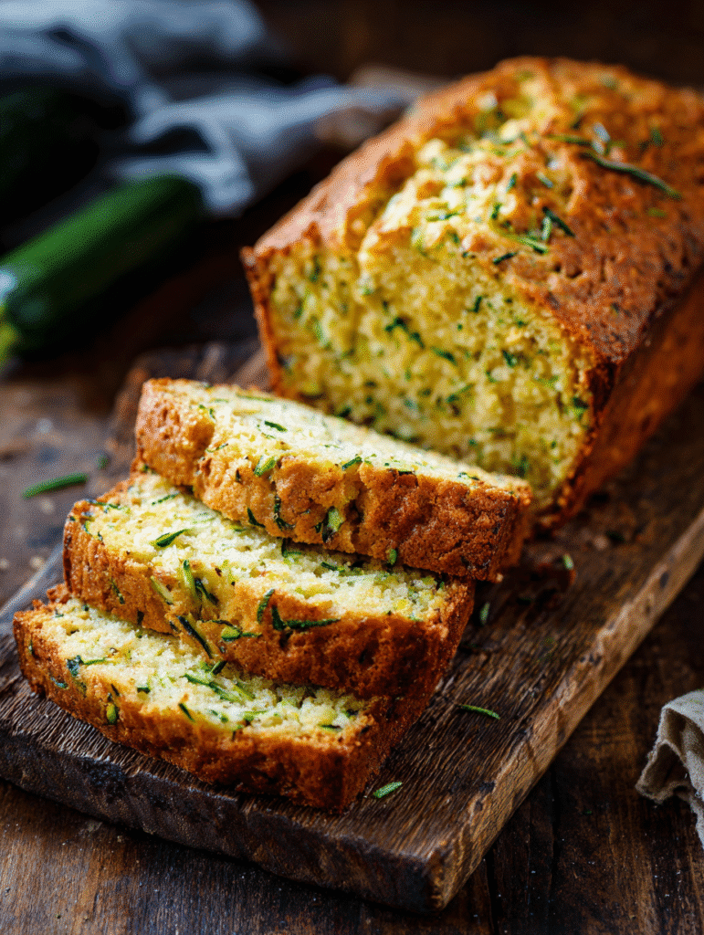 Rustic zucchini bread loaf with slices showing tender crumb and specks of fresh green zucchini.