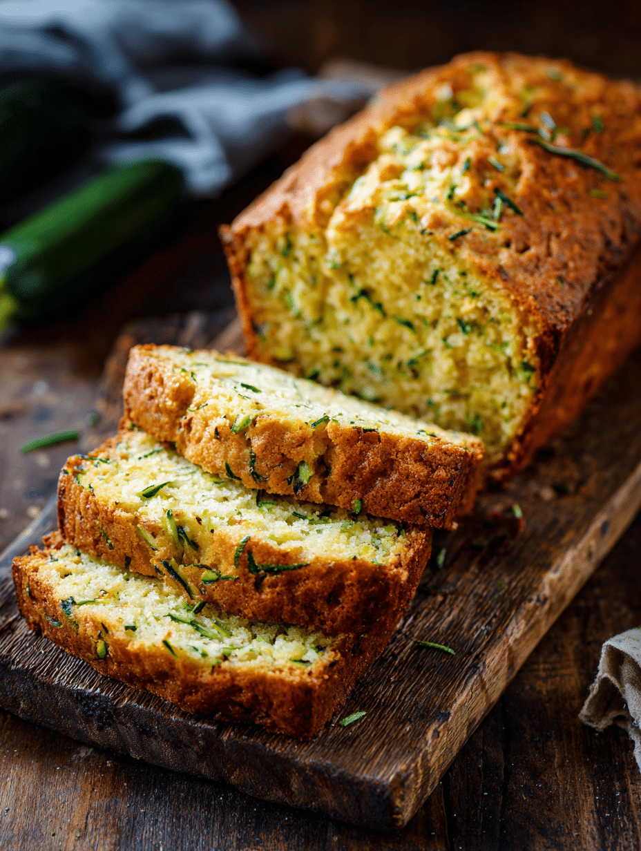 Rustic zucchini bread loaf with slices showing tender crumb and specks of fresh green zucchini.