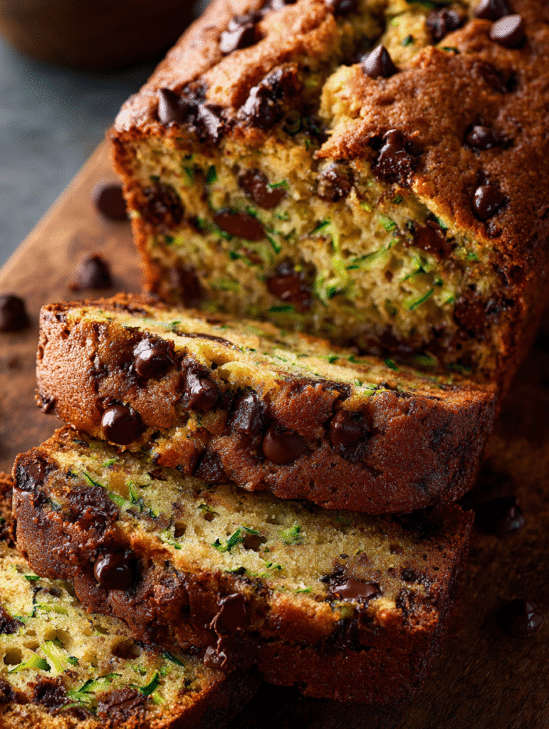 Chocolate chip zucchini bread loaf with fresh zucchini flecks