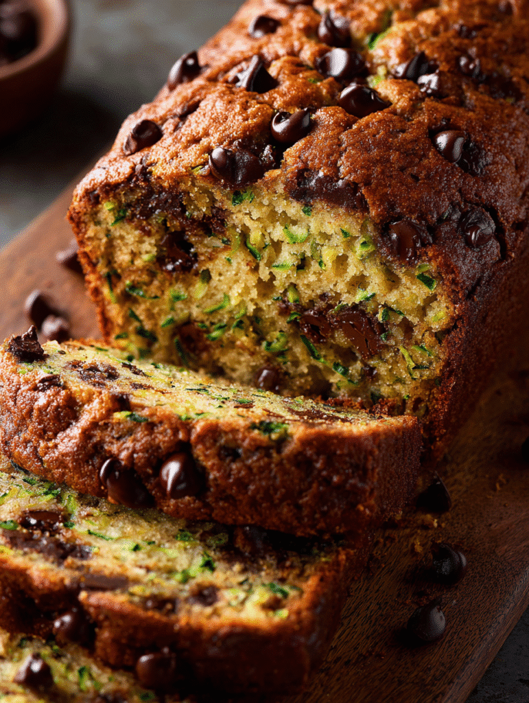 Homemade zucchini bread recipe with melted chocolate chips