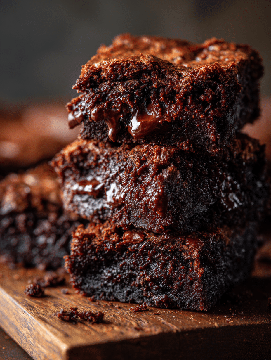 Fudgy zucchini brownies stacked on wooden board
