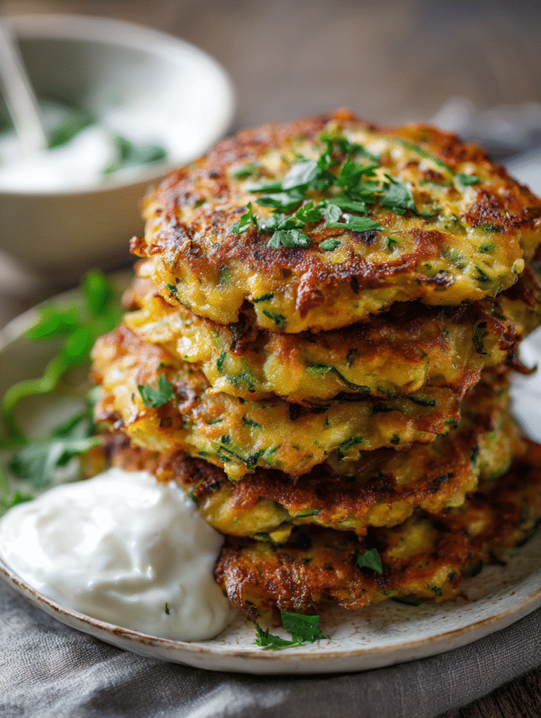 Crispy zucchini fritters with fresh herbs and creamy dip