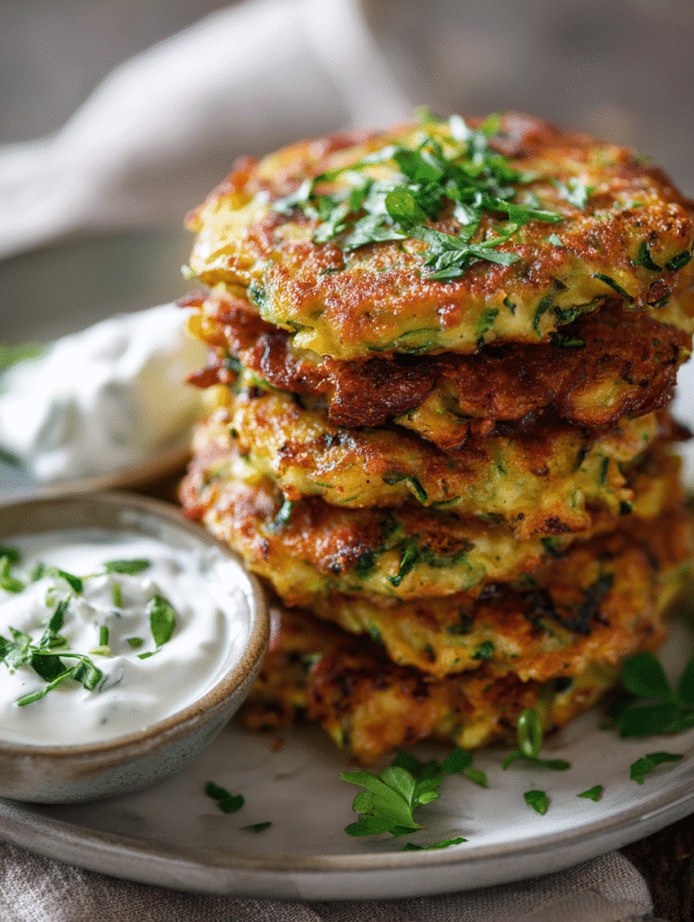 Golden zucchini fritters with parsley and yogurt topping