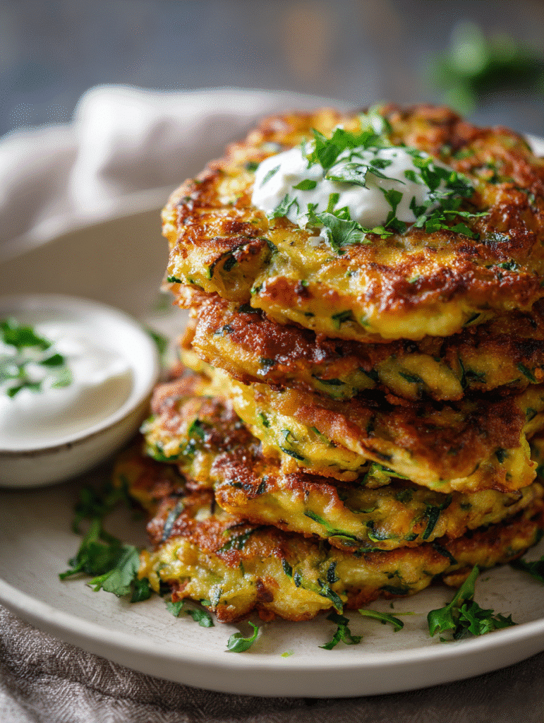 Zucchini fritters stacked with sour cream and parsley garnish