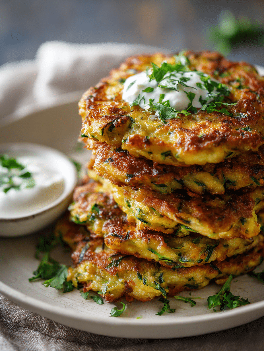 Zucchini fritters stacked with sour cream and parsley garnish
