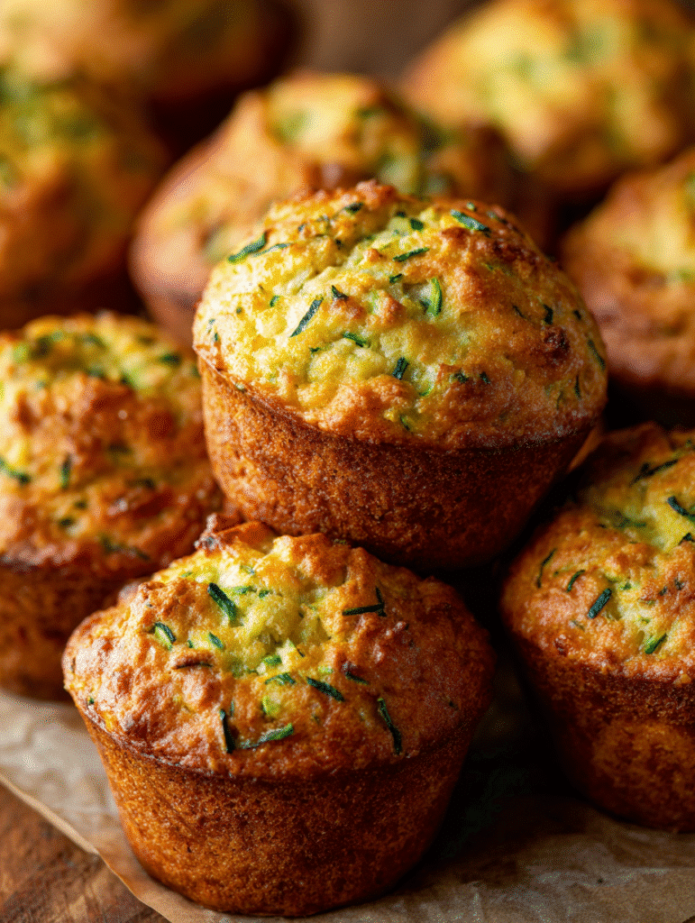 Freshly baked zucchini muffins with crispy tops