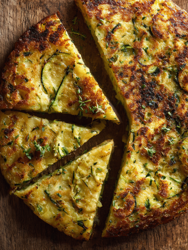 Rustic zucchini scarpaccia sliced on wooden board