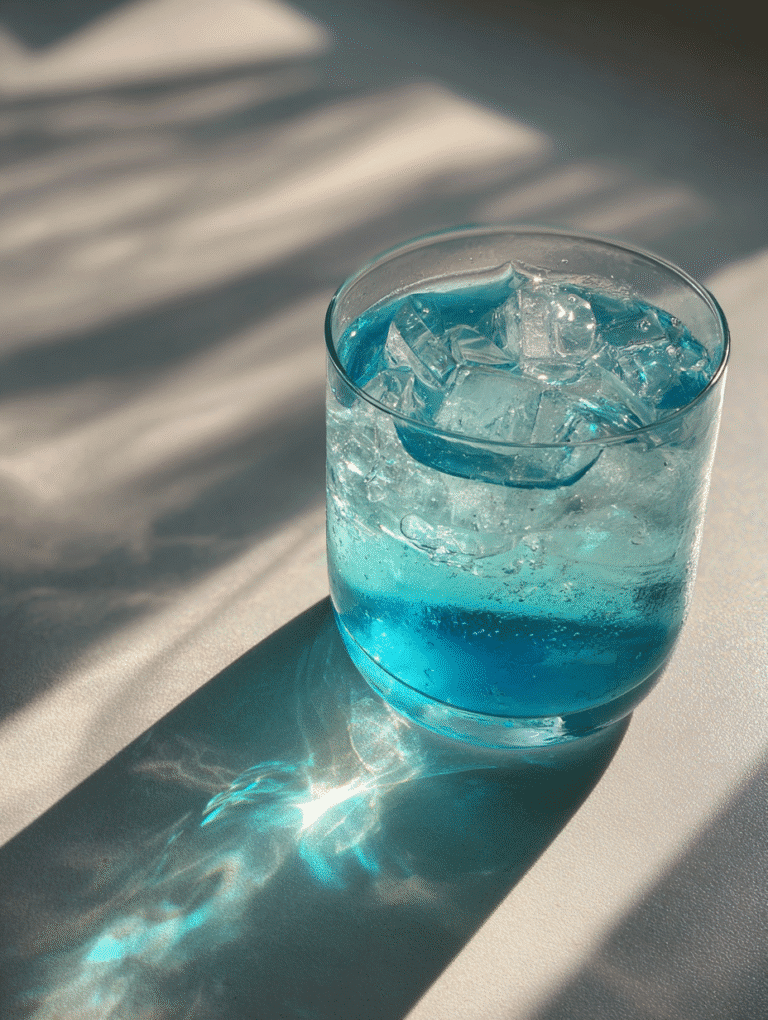 Blue salt trick iced drink in a glass with glowing reflections and ice cubes.