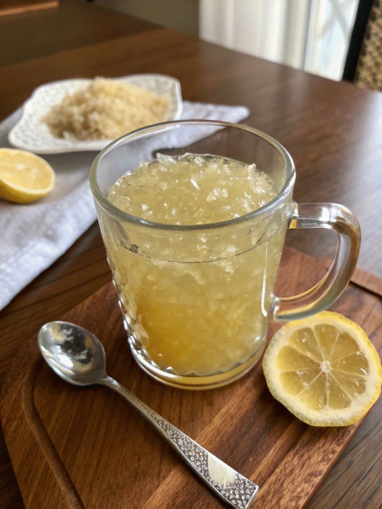 Dr Mark Hyman gelatin recipe in clear glass mug on wood table with lemon and spoon