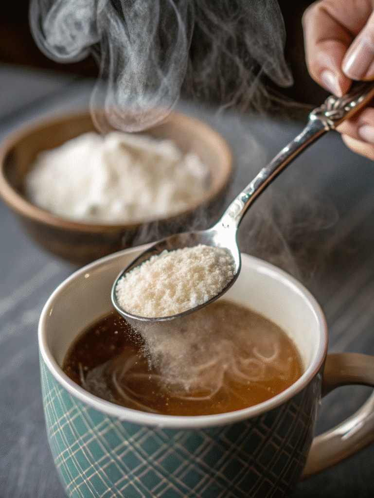 Dr Mark Hyman gelatin recipe step-by-step mixing gelatin with hot water in glass cup