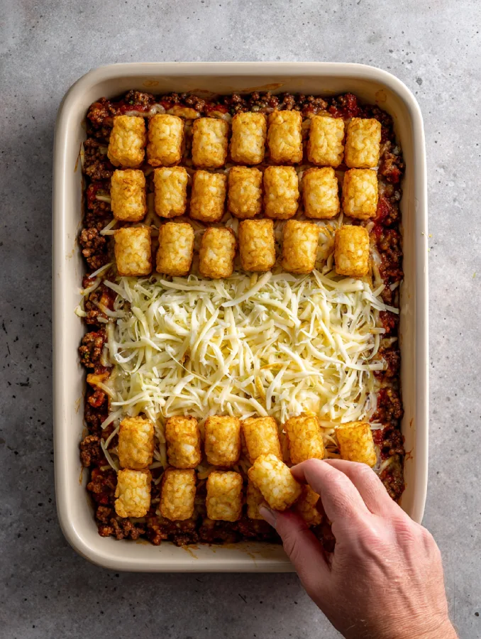 Layering tater tot casserole with cheese and ground beef