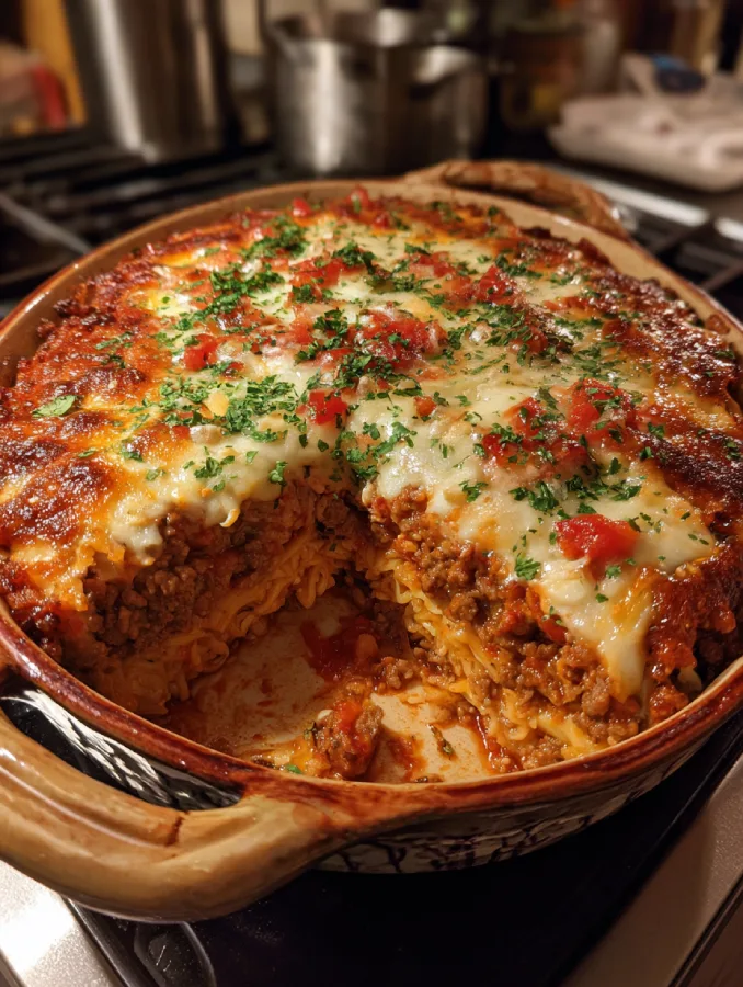 Cabbage roll casserole baked with ground beef, cabbage, and tomato sauce