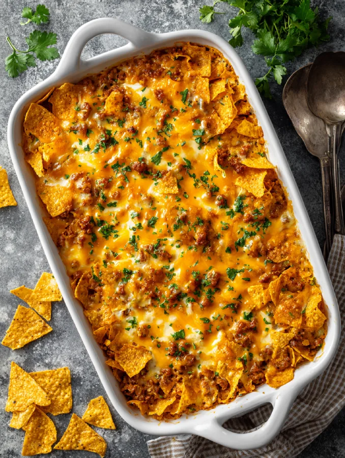 Doritos casserole recipe baked in dish with melted cheese and crushed chips