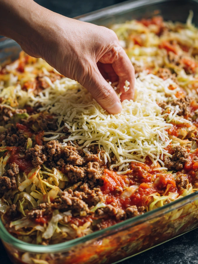 Layering ground beef and cabbage in a casserole dish