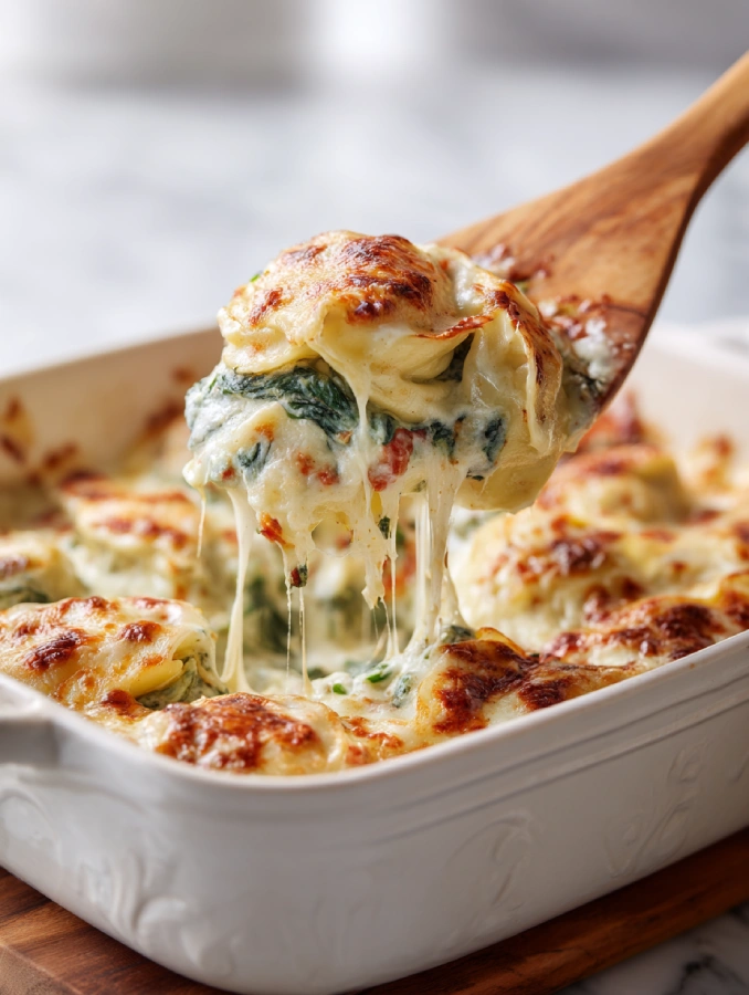 Spoon adding tortellini into casserole dish layered with sauce and spinach
