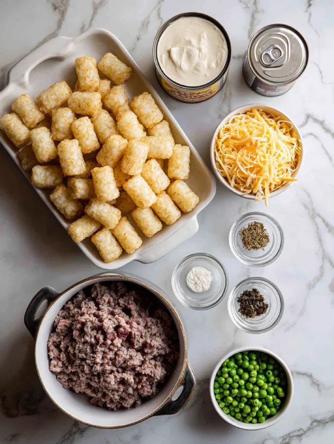 tater tot casserole ingredients laid out