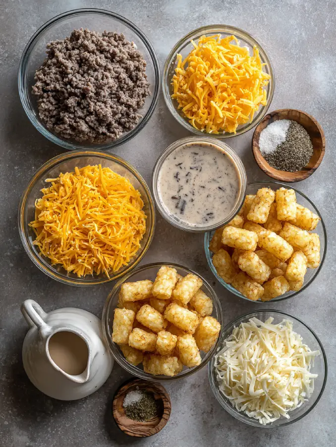Ingredients for making tater tot casserole with ground beef