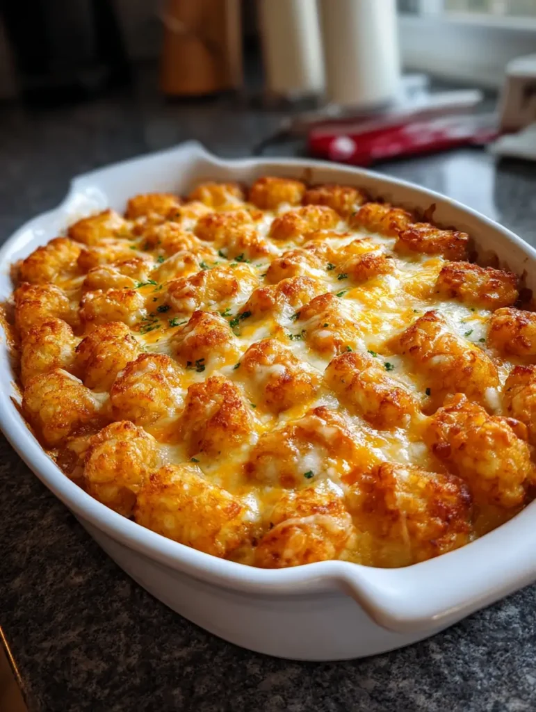Tater tot casserole with ground beef fresh from the oven