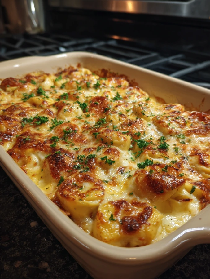 Cheesy baked tortellini casserole in ceramic dish with parsley