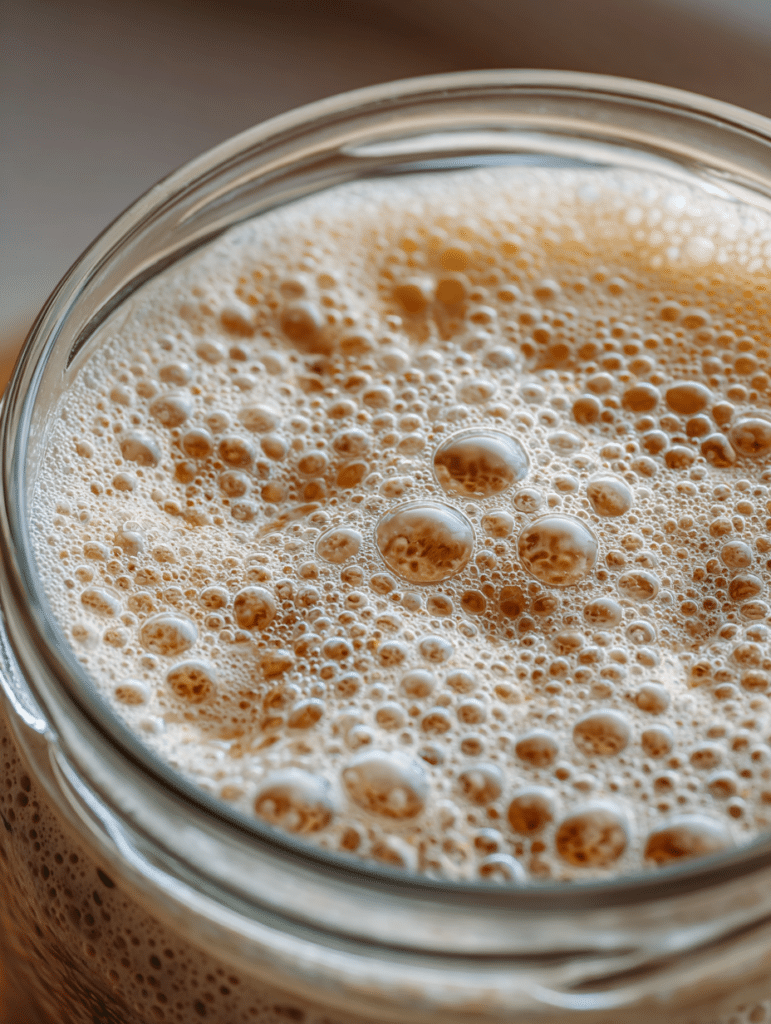 Bubbly gluten free sourdough starter showing fermentation activity