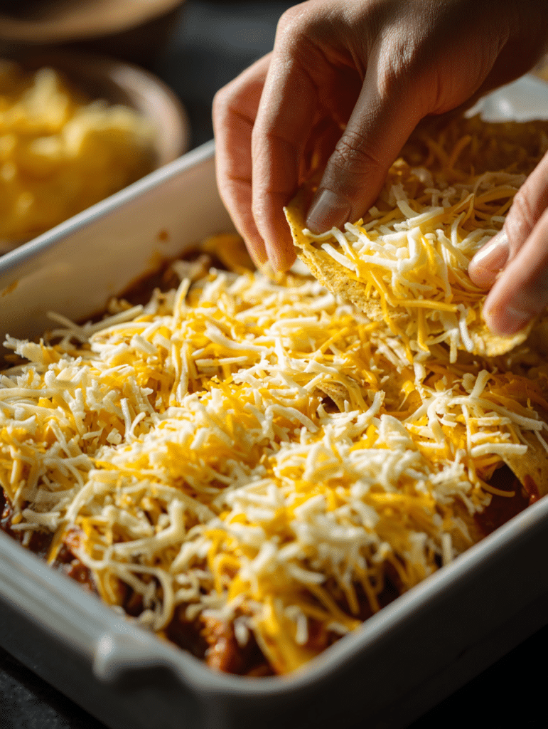Assembling chicken enchiladas casserole with tortillas and sauce