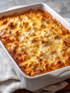 Freshly baked buffalo chicken casserole with melted cheese topping