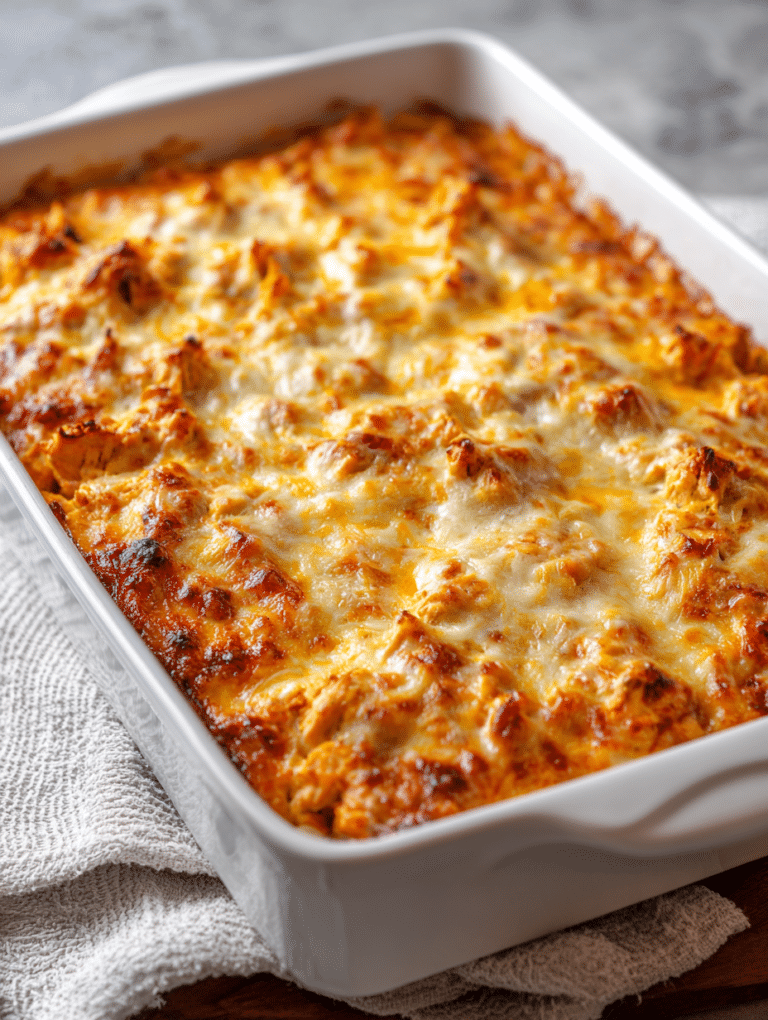 Freshly baked buffalo chicken casserole with melted cheese topping