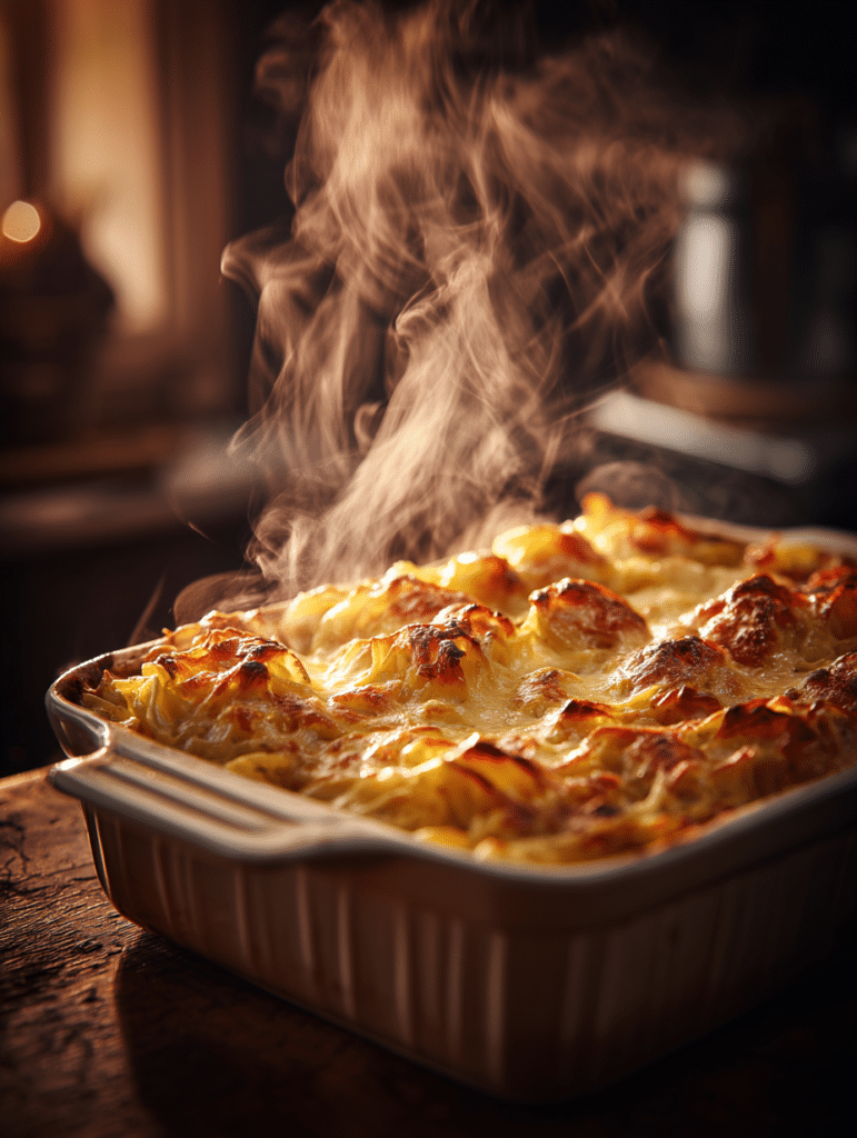 tuna noodle casserole fresh out of the oven bubbling and creamy
