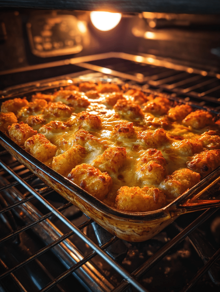 Big Mac tater tot casserole baking in the oven with golden crust