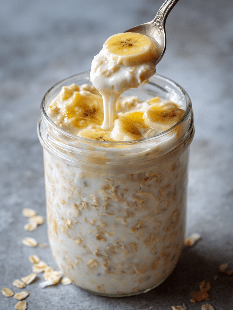 Banana Overnight Oats Recipe Banana overnight oats recipe being stirred before refrigeration